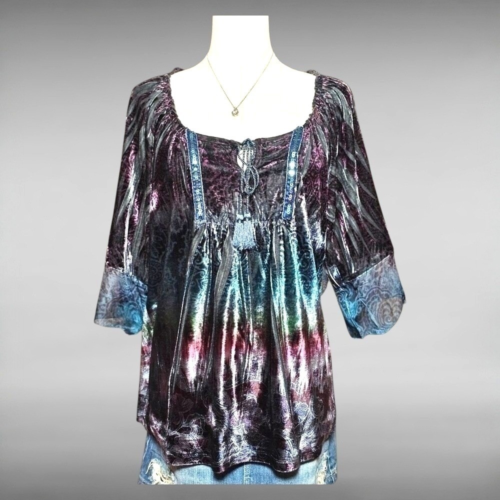 Vintage Y2K Multi Paisley Velvet Peasant Top 3/4 Sleeve Scoop Neck Petite Medium